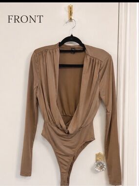 Draped Taupe Long-Sleeve Bodysuit